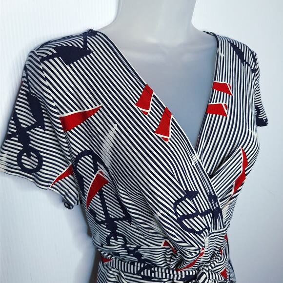 Talbots Nautical Stretch Jersey Dress Large Striped Anchors Short Sleeve Preppy - Picture 3 of 7